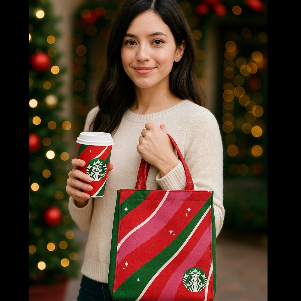 STARBUCKS HOLIDAY CANVAS TOTE BAG 9X9X3.9” DOUBLE HANDLES PERFECT GIFT SIZE